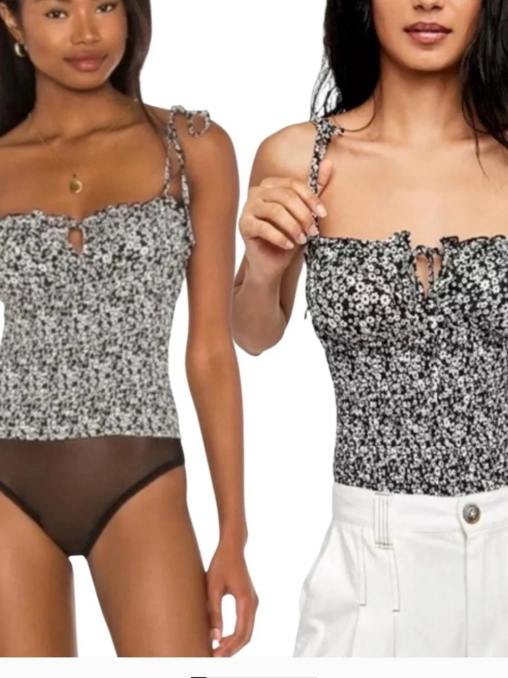 Free People Black and White Floral Smocked Bodysuit XS